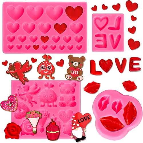 Whaline 4 moldes de fondant para el día de San Valentín corazón rosa labio oso gnomo cupido patrón 3D molde de silicona para cupcakes galletas