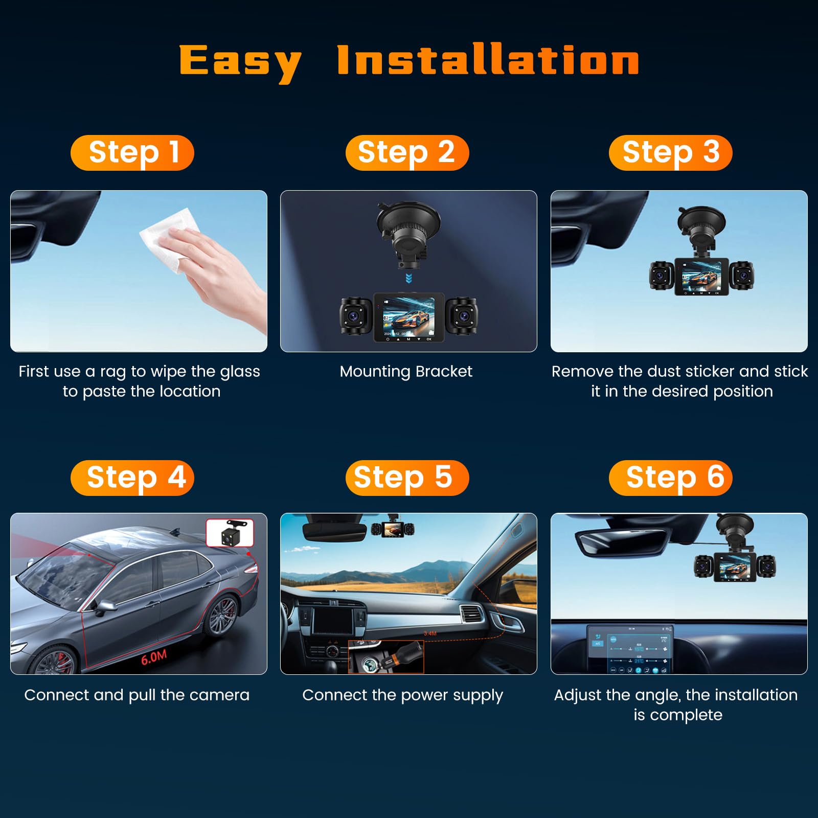 Hikity 4 Canaux Dash Cam, DashCam à 360 degrés FHD 1080P*4 Avant Arrière Intérieur Enregistrement en Boucle Gauche et Droite, DVR, G-Sensor, Surveillance du Stationnement, avec Carte SD de 64 Go