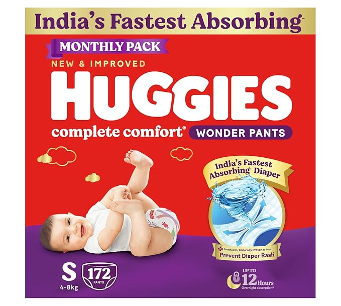 Huggies Complete Comfort Wonder Pants | Pant Style Baby Diapers Small Size (S), 172 Count | India's Fastest Absorbing Diaper, Prevents Diaper Rash, Ideal for 4 to 8 Kgs (86 Count, Pack of 2)