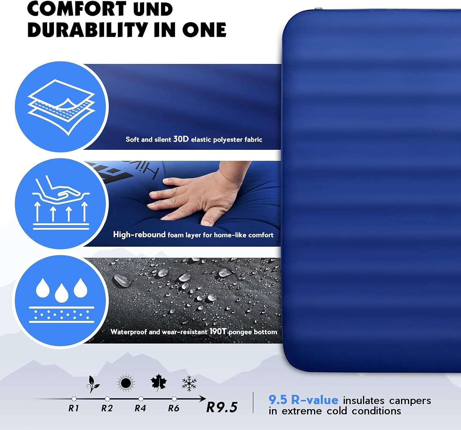 Hikenture 4 INCH Thick Self Inflating Sleeping Pad 9.5 R Value with Mattress Sheet, Comfort Plus Camping Mattress with Pump Sack, Inflatable Foam Insulated Camping Pad for 4-Season : Sports & Outdoors