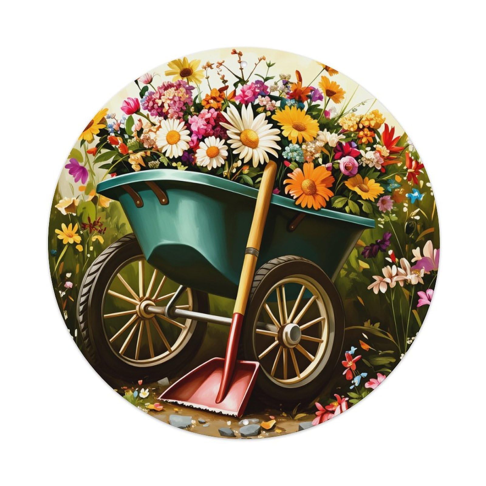 Floral Wheelbarrow Garden Tools Spring Round Tin Sign Vintage Metal Poster, Home Bar Garage Man Cave Cafe Indoor & Outdoor Wall Decoration 8x8Inches