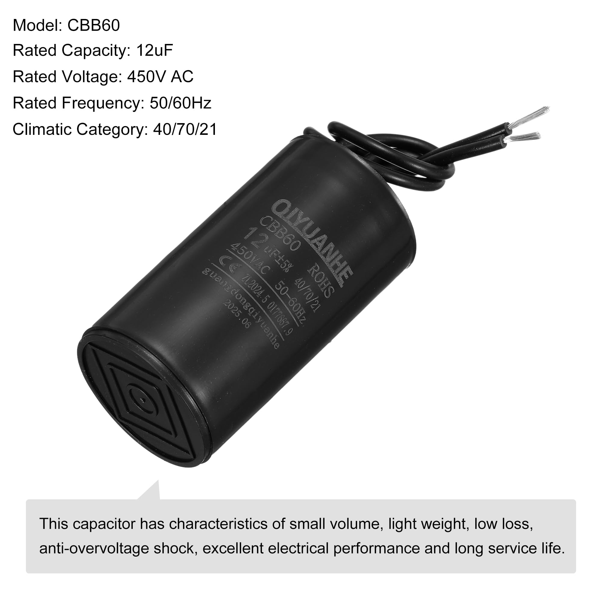QUARKZMAN CBB60 kondensator roboczy 12uF 450 V AC, 2 przewody, 50/60 Hz, cylindryczny kondensator napędowy 34 x 60 mm, do sprężarki powietrza, pompa wodna, kolor czarny