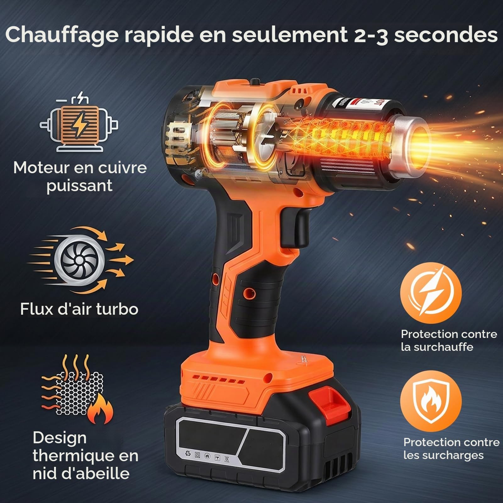 Pistolet à air chaud sans fil, avec 2 batteries 5,0 Ah, 260 °C / 530 °C, outil de soudage plastique sans fil, kit de souffleur d'air chaud sans fil comprenant 5 buses et 2 grattoirs