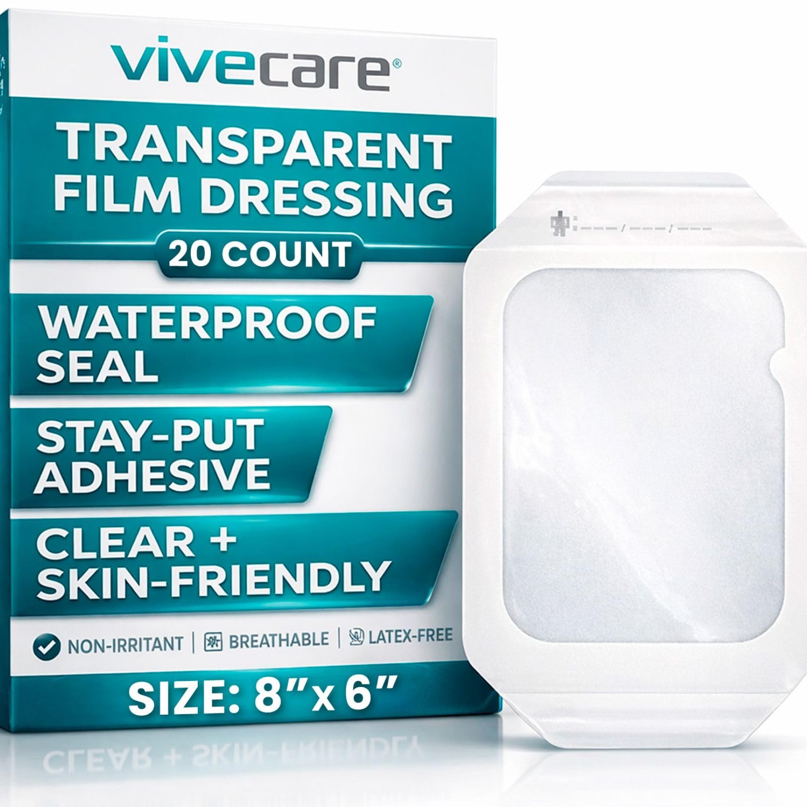 ViveCare Transparent Film Dressing (20 Pack - 6” x 8”) - Waterproof, Transparent Adhesive Bandages - Clear Film Wound Cover Patch - Surgical Wound