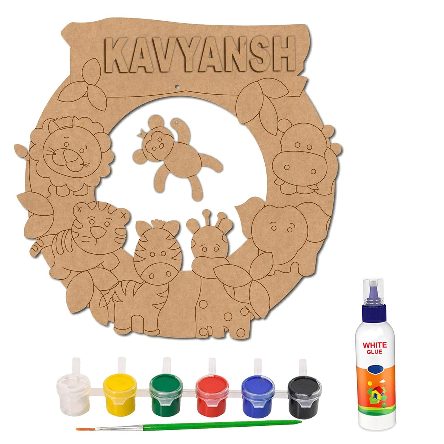 WRAPPING STUDIO Personalized MDF Wooden Name Plate Painting Kit for Kids Room Decor | Pre-Marked Happy Animals Design Cutouts for Craft, Painting, DIY Projects with Colors & Glue (Safari Animal Circle Frame)-image-30
