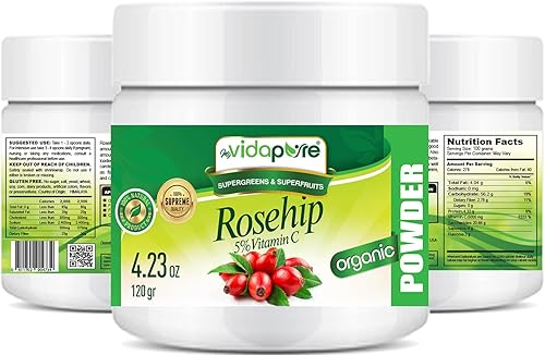 MYVIDAPURE Polvo de rosa mosqueta con vitamina C pura y cruda superalimento, 4.23 onzas, 4.23 oz para batidos, bebidas, yogures, postres,