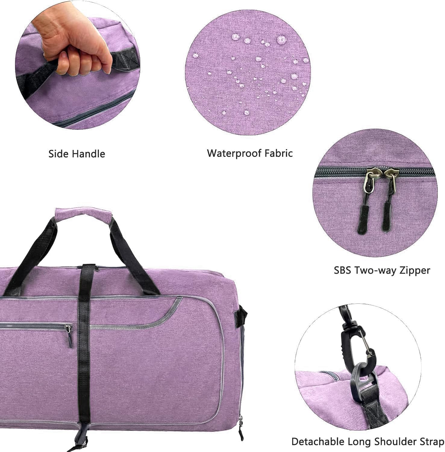Travel Duffle Bag for Men, Large Foldable Duffel Bags for Traveling with Shoes & Wet Compartment Waterproof Weekender Gym Bag for Men Women(65LPurple)