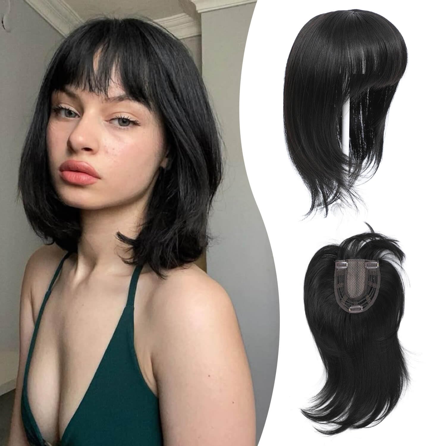 Peonymebeauty 3D Cover Bangs Hair Toppers for Thinning Hair 4"X5" Base Topper with Fringe Heat Resistant Synthetic 12 Inch Natural Straight Short Bob Hairpieces for Women Daily Wear(Natural Black)