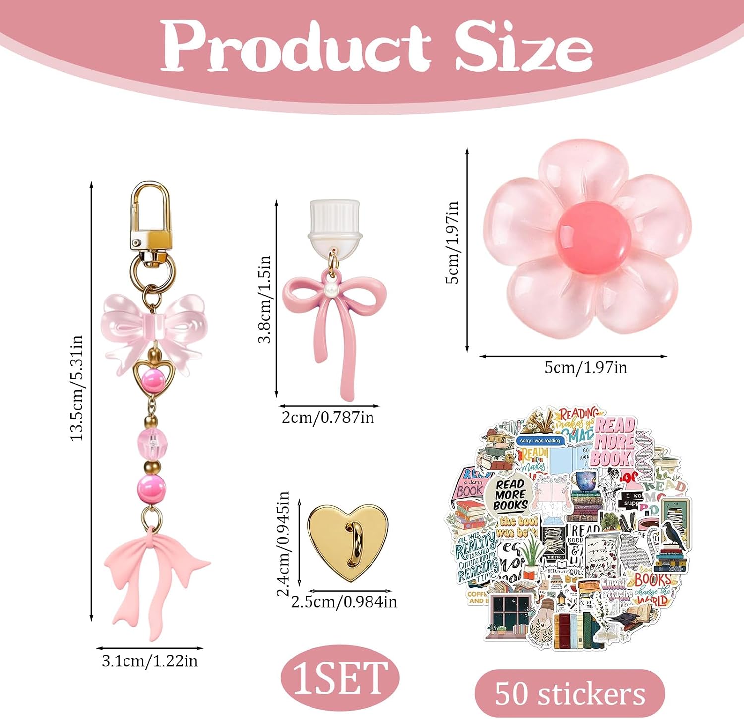 53 PCS Kindle Charms, Type C Dust Plug, Sunflower Grip, Bow Keychain with Hook, 50 Book Stickers, E Reader Decorating Accessories Kit for Paperwhite, Reading Gifts for Women Book Lovers (Pink)