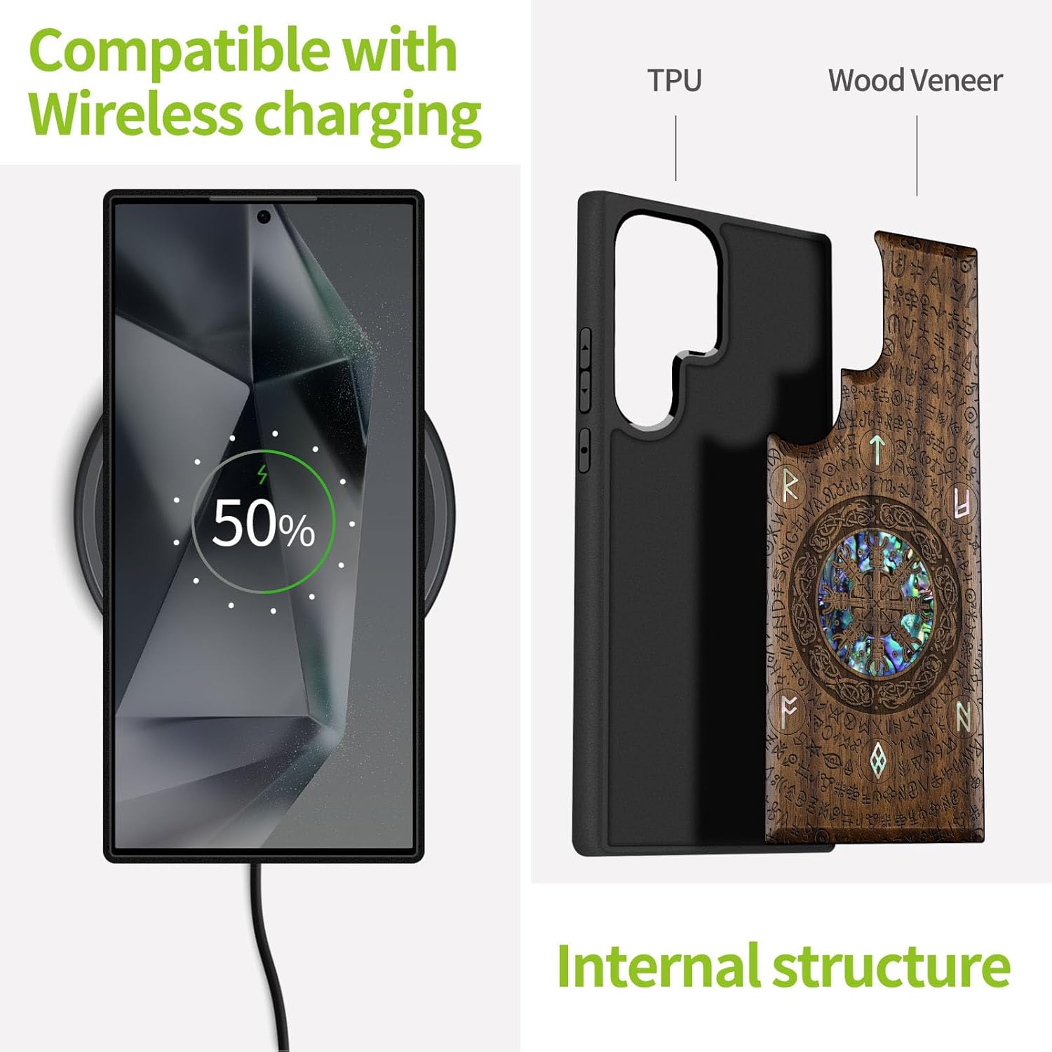 Carveit Designer Wooden Case for Samsung Galaxy S25 Ultra Case [Wood Engraving & Shell Inlay] Compatible with Wireless Chargers S25 Ultra (Viking-Walnut)