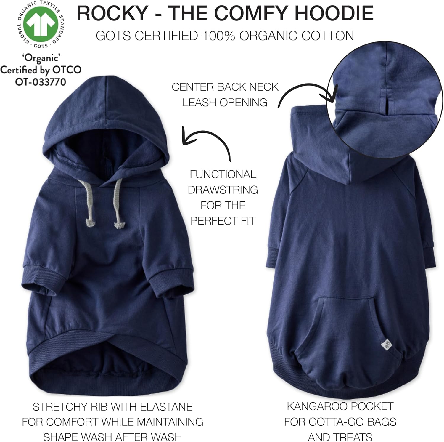 Pet Passion Rocky – The Original Lightweight Hooded Tee 100% Organic Cotton Dog Hoodie Pet Coat Sweater for All Sized Dogs, Original Navy, Small (10-25 lbs)