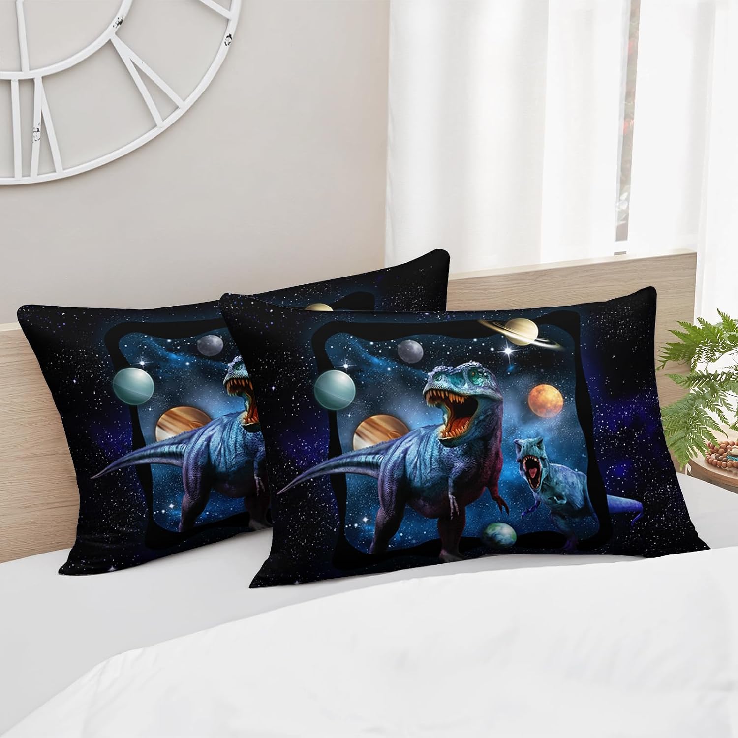 AILONEN Space Galaxy Dinosaur Bedding Set, Purple Dreamy Nebula Dinosaur Twin Size Bedding Sets for Boys Girls,Dino Roar Planet Pattern Soft Breathable Quilt Set 3Pcs(1 Comforter + 2 Pillowcase)