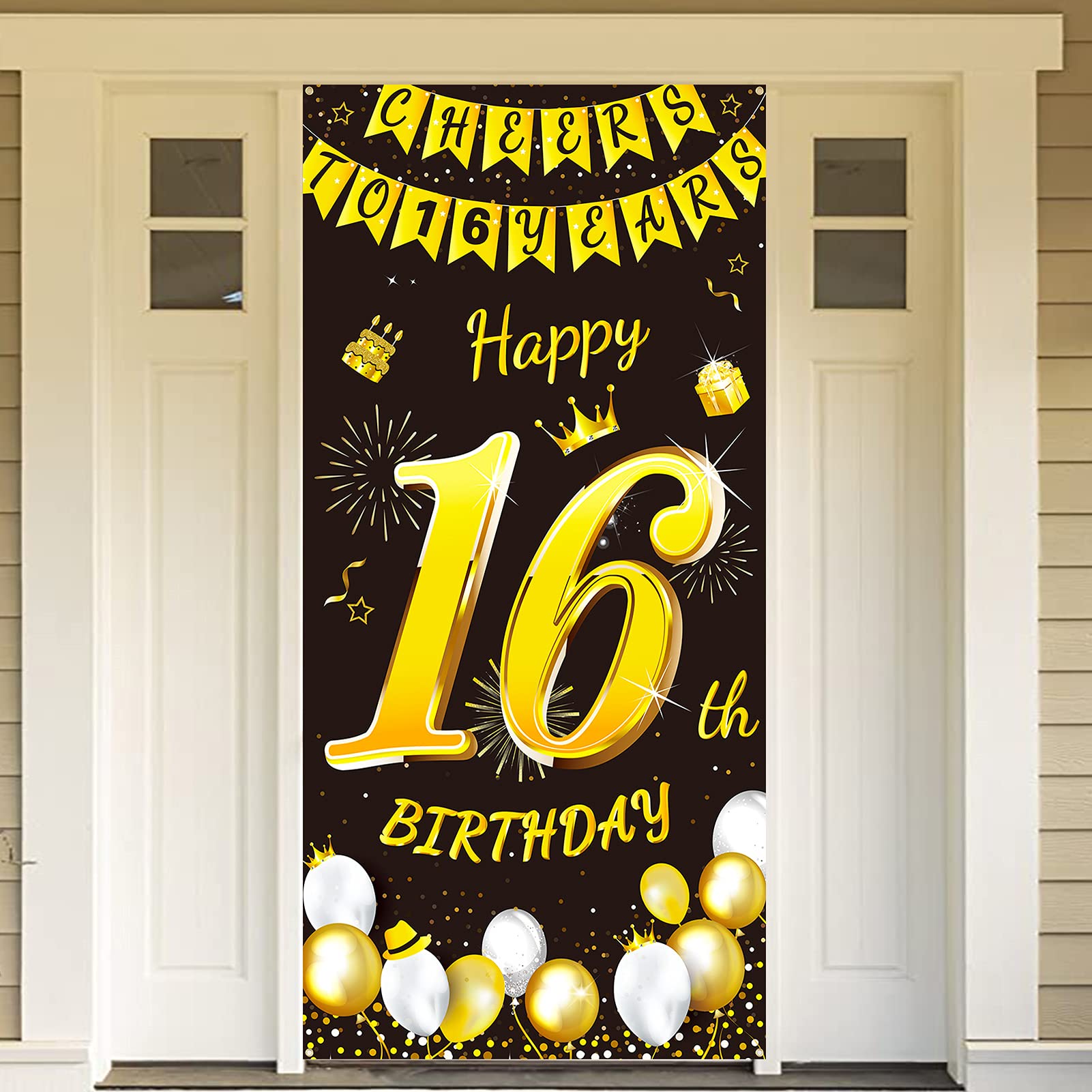 DPKOW Black Gold 16th Birthday Decoration for Boy Girl, Black Gold Happy 16th Birthday Door Banner Backdrop Decoration Supplies, 72.8 x 35.4 inch
