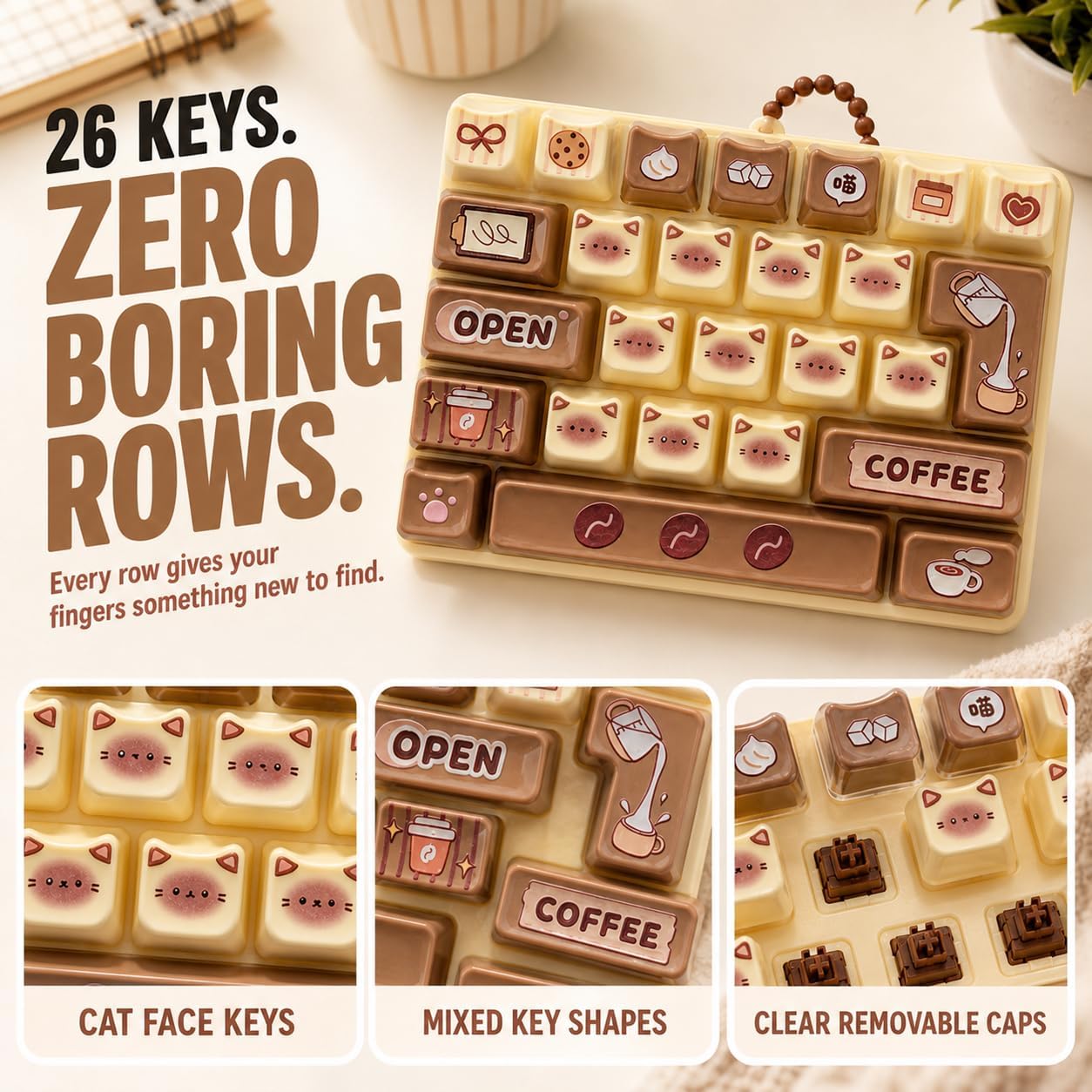 New Big Clicky Keyboard Fidget, 26-Key Cute Creamy Keyboard Button Clicker Fidget Keychain, Boost Focus & Calm Anxiety at Work, Travel (Brown,A) image 5
