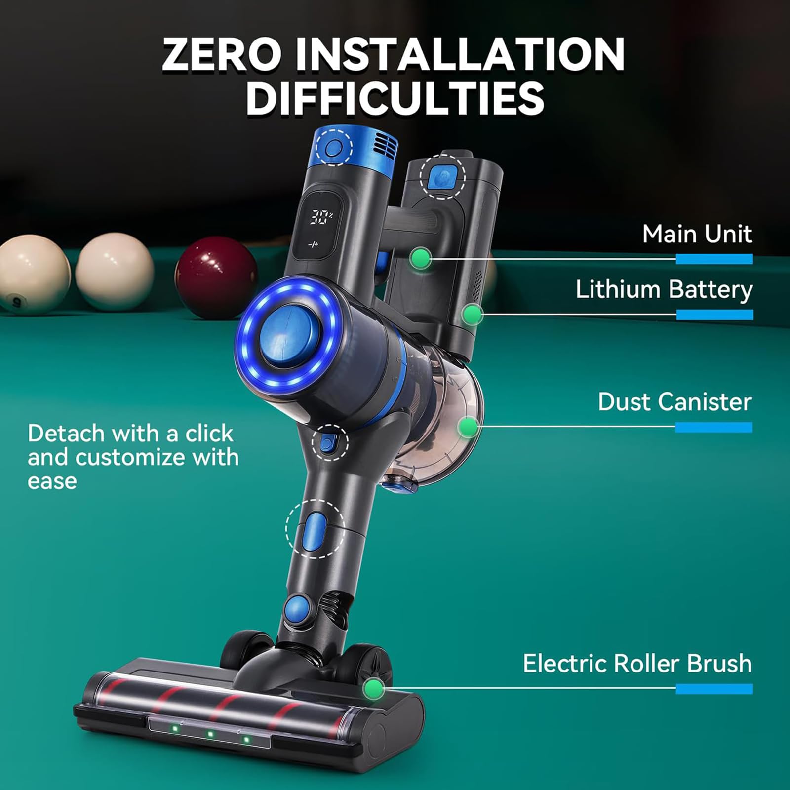 Aspiradora limpiadora de mesa de billar, inalámbrica con 3 niveles de succión, pantalla LED, duración de la batería de 60 minutos, desmontable para una fácil limpieza de mesas de billar