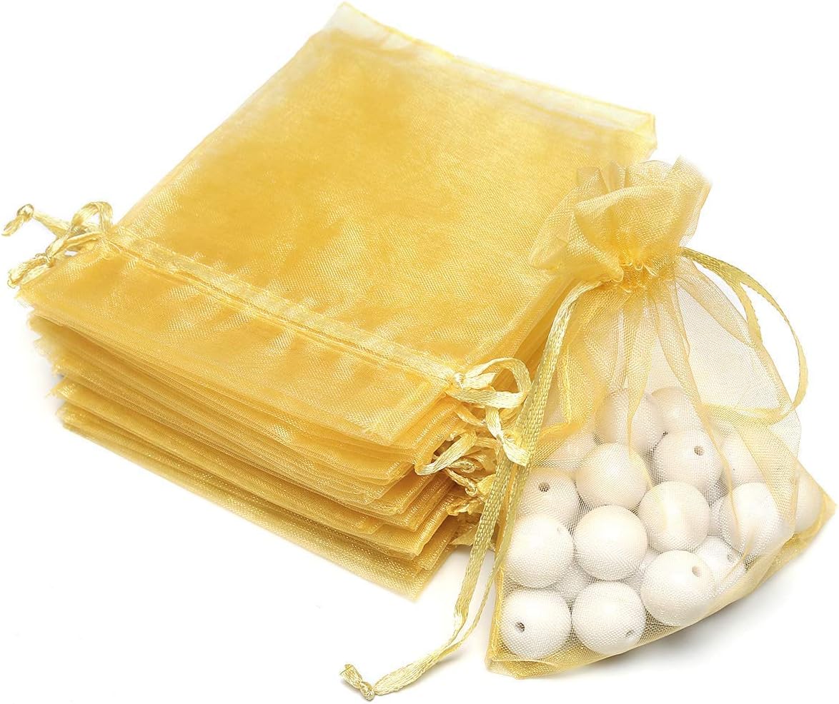Akstore 100pcs 3.6x4.8''(9x12cm) Organza Gift Bags, Drawstring Pouches Jewelry Party Wedding Favor Gift Bags,Candy Bags. (Golden)