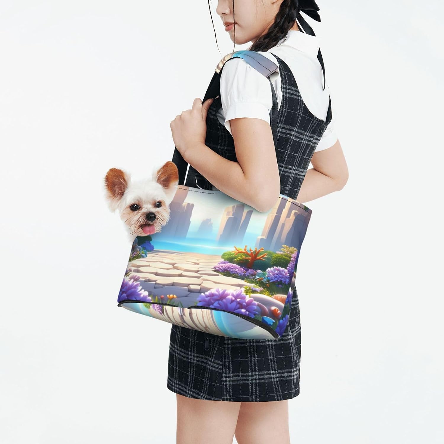 Flowery Paths and boulders Dog Purse Carrier,Pet Tote Bag, Bag for Small Dogs Cats Puppy