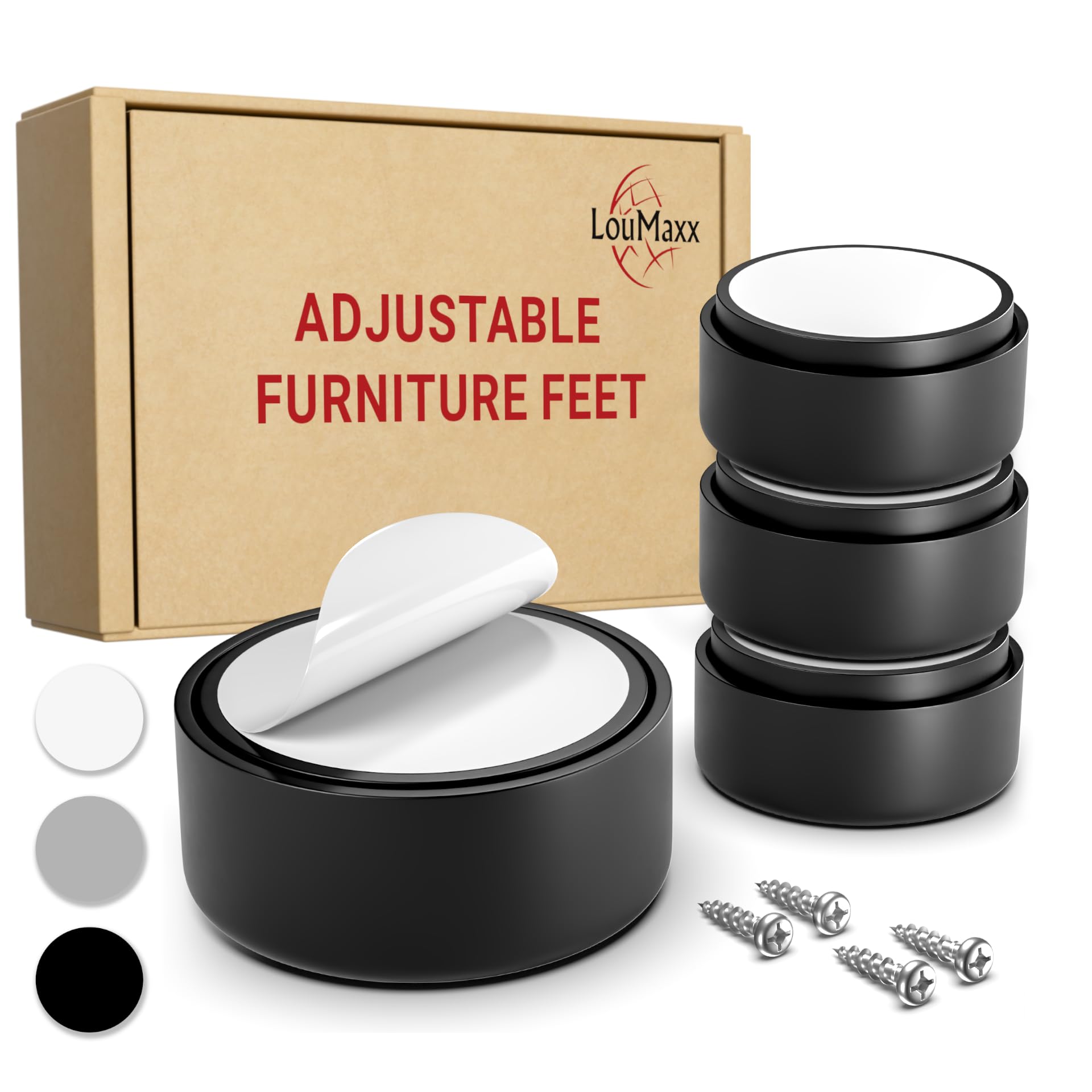 LouMaxx Adjustable Furniture Feet Set of 4 White - mini furniture leg screw-on for furniture riser and floor levelling - ABS plastic with load capacity 200 kg | Stepless fine adjustment 5 mm