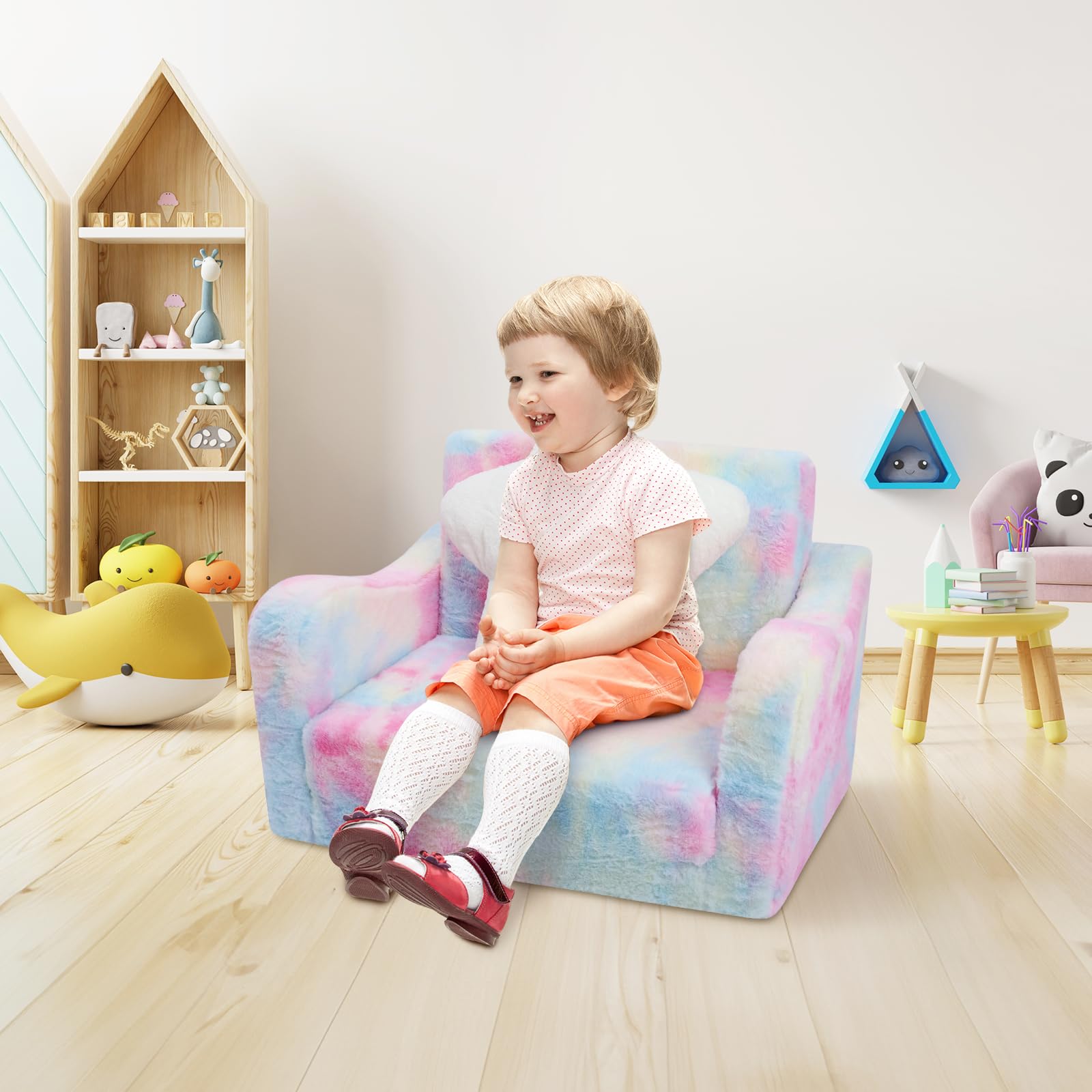 Canapé Pliant pour Enfants avec Oreiller en Forme d'étoile Canapé-Lit Convertible 2 en 1,Fauteuil Stable pour Fille Bébés avec Poche, Canapé Chaise Confortable pour Chambre à Coucher Salon,Rose