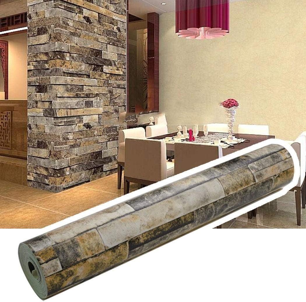 3D Effect Embossed Stack Removable Brick Wallpaper Stone Textured Print Non Stick Wallpaper for Home and Room Decoration (US STOCK) (Beige)