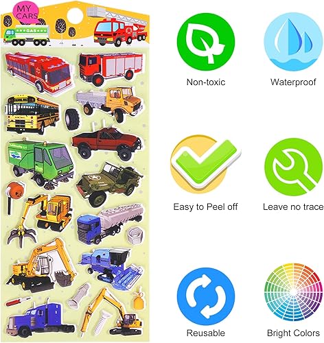 Miniatura 2 de Calcomanías 3D para vehículos hinchados para niños pequeños, 4 hojas reutilizables de espuma para automóviles y camiones para niños, lindas