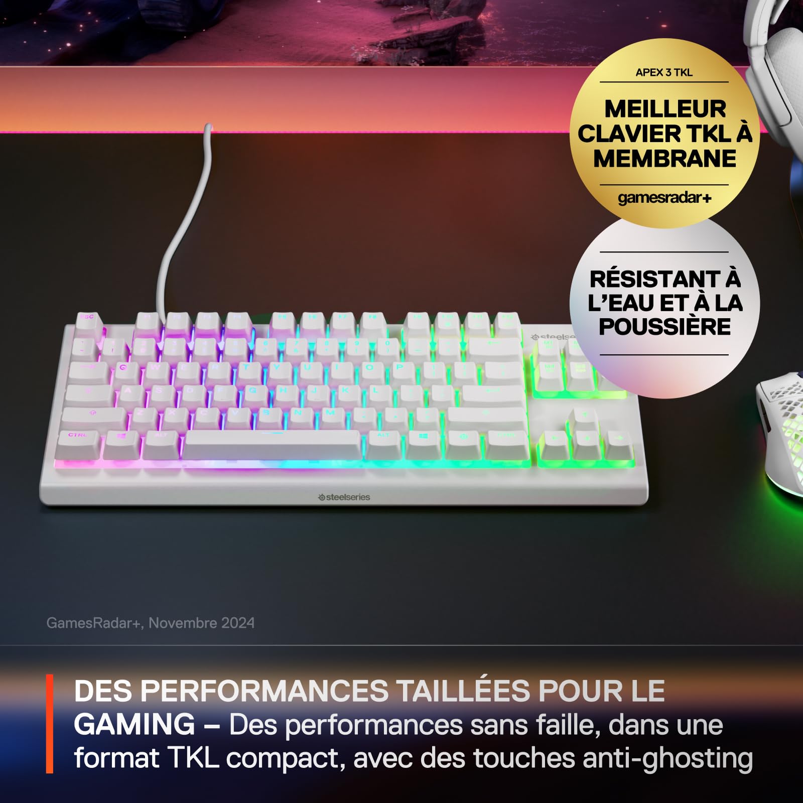 SteelSeries Apex 3 TKL Blanc Clavier Gaming RGB - Format Compact sans pavé numérique - Illumination RGB sur 8 Zones - Résistant à l’Eau et à la poussière - Switchs Gaming Silencieux -Format FR AZERTY