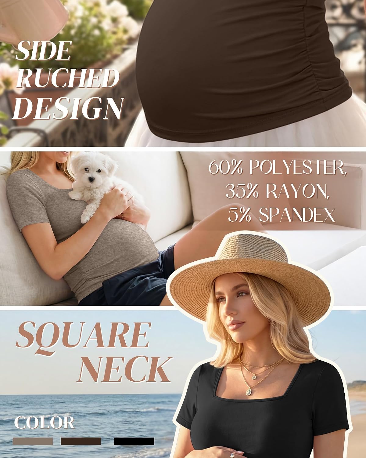 3 Pack Women's Maternity Shirts Square Neck Side Ruched Short Sleeve Maternity Tops Casual Knitted Pregnancy Tees