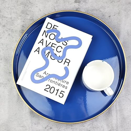 Miniatura 5 de Spsyrine Bandeja decorativa redonda azul marino, bandeja de plástico de 13 pulgadas con asas para desayuno, moderna bandeja otomana para mesa de