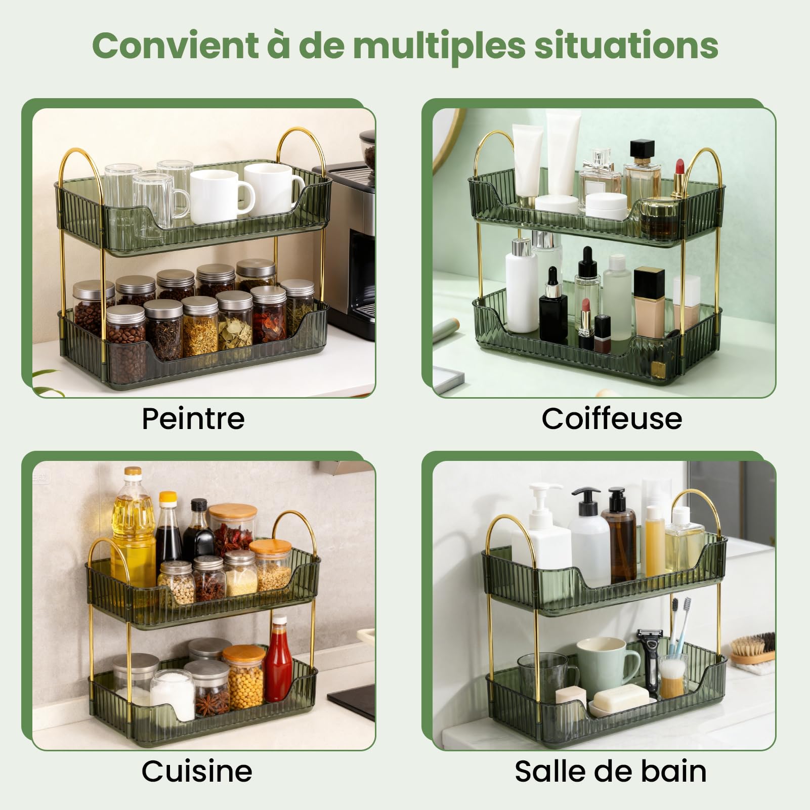 Organiseur de Maquillage en métal Pet à 3 Couches - Rangement modulaire Multifonction avec Accessoires lavables pour Maquillage, Soins de la Peau et Parfum (Vert foncé, Deux Couches)