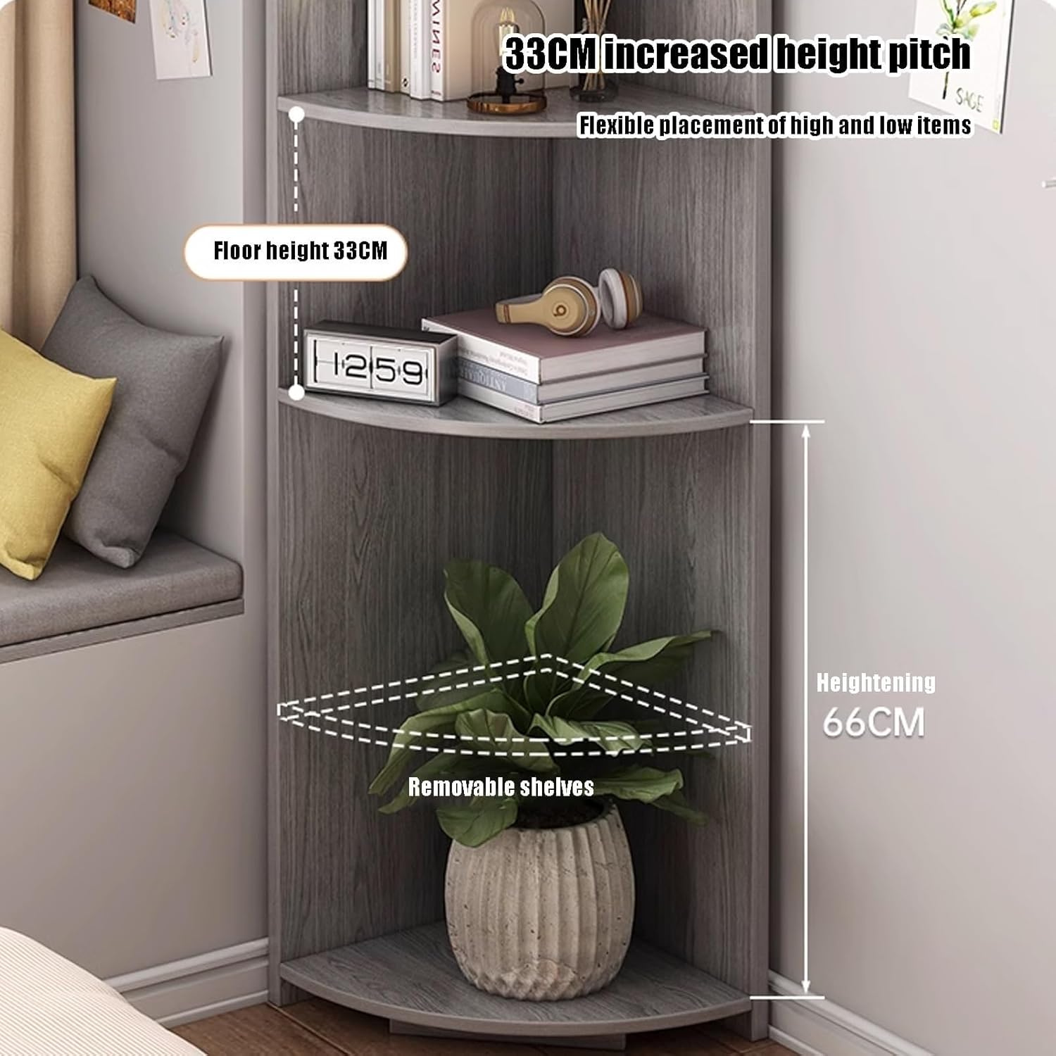 4-Tier Corner Shelf - Space-Saving MDF Bookcase with Vintage Laminate for Living Room & Home Office - 90° Angle Multi-Purpose Display Shelf (Gray, 30cm)
