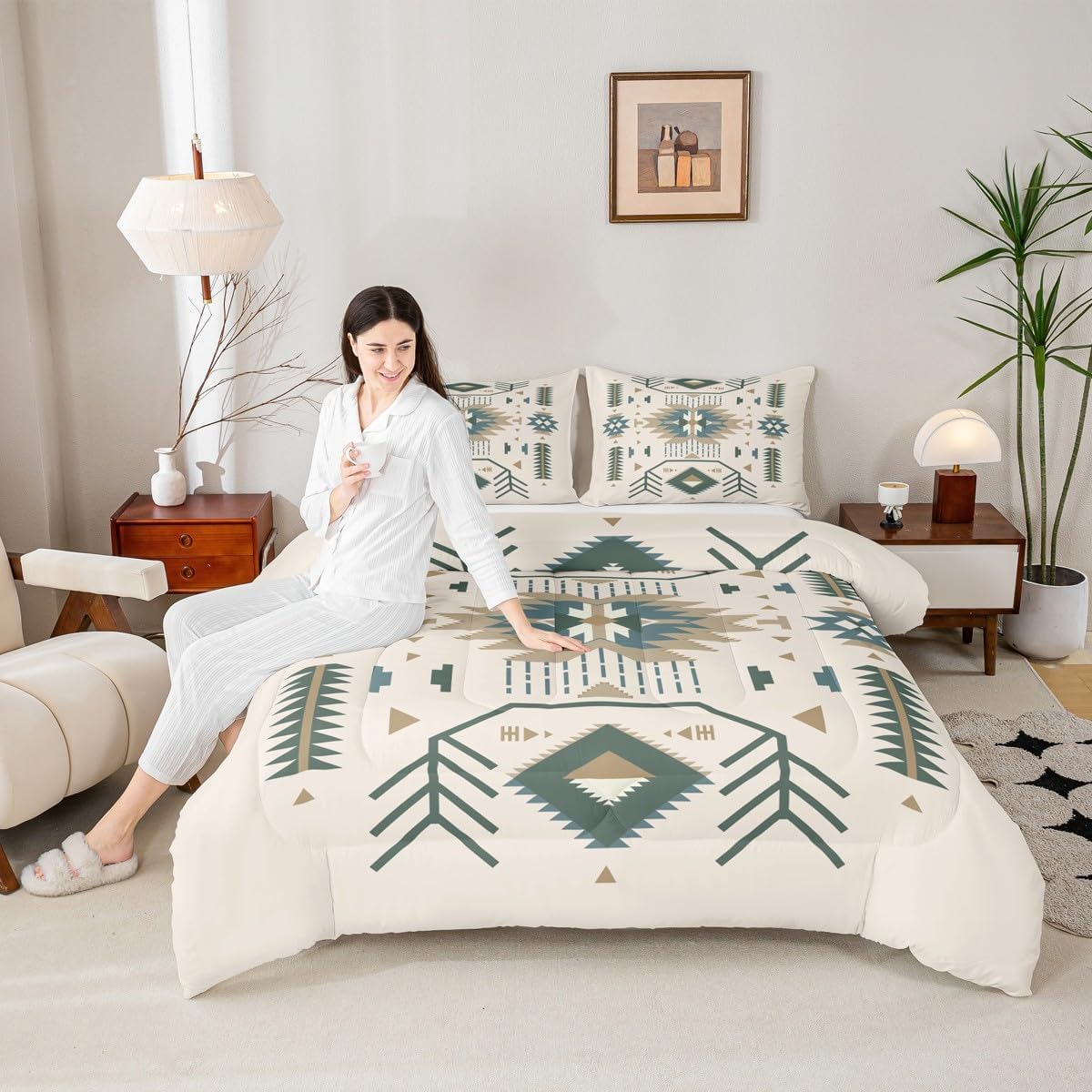 American Southwest Comforter Set Queen Size Indian Tribal Aztec Style Bedding Set for Kids Teens Adults Women Bedroom Decor Geometric Abstract Arrow Quilt Set Boho Beige Duvet Insert 3pcs