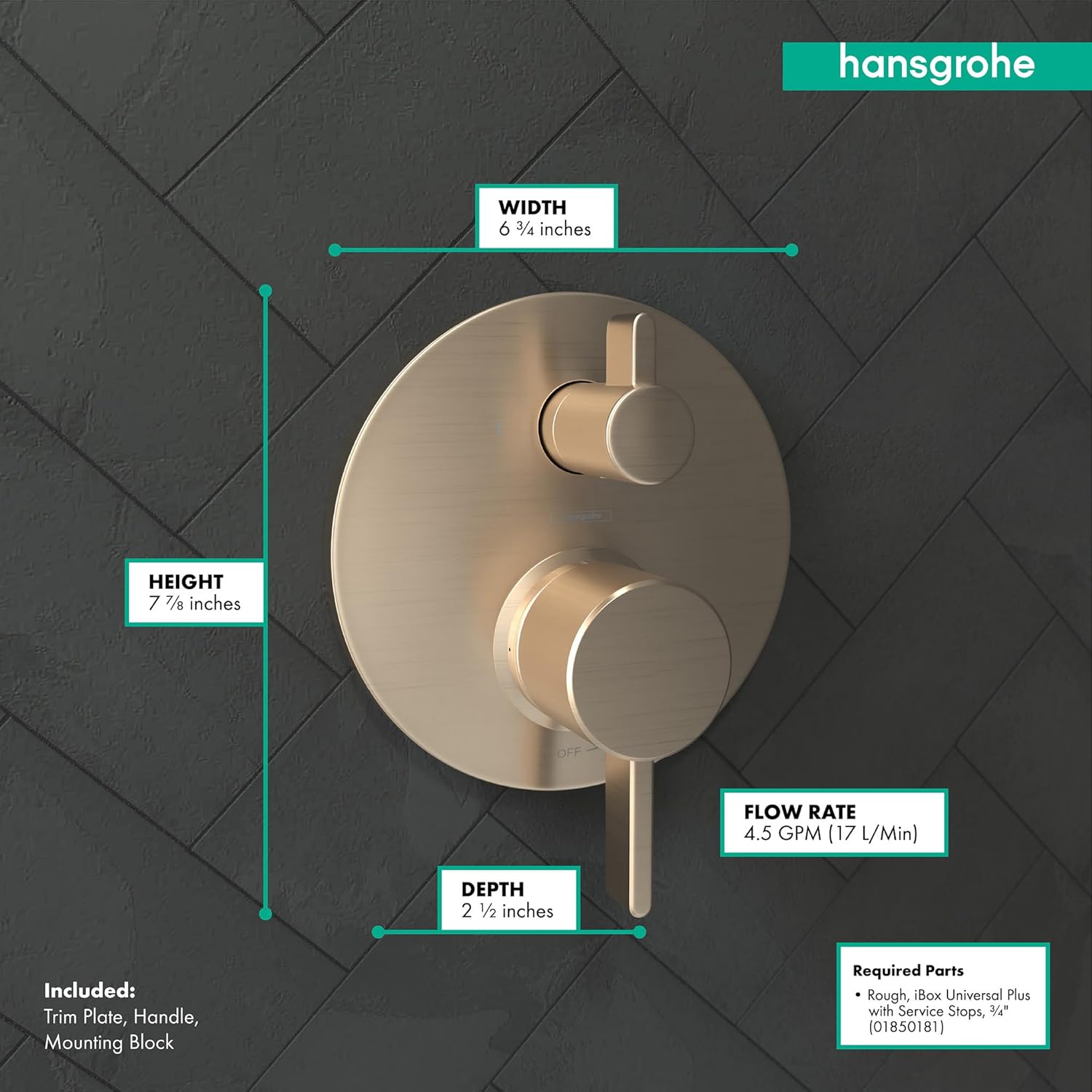hansgrohe Ecostat Modern Pressure Balance Shower Valve Trim with Diverter in Brushed Bronze, 04447140