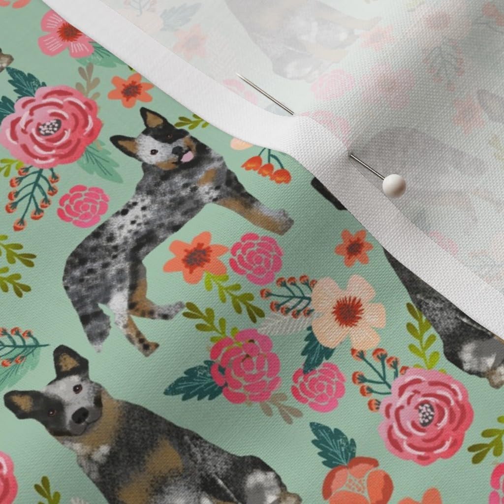 Spoonflower Fabric - Australian Cattle Dog Florals Mint Floral Breeds Blue Aussie Cute Printed on Petal Signature Cotton Fabric by The Yard - Sewing Quilting Apparel Crafts Decor