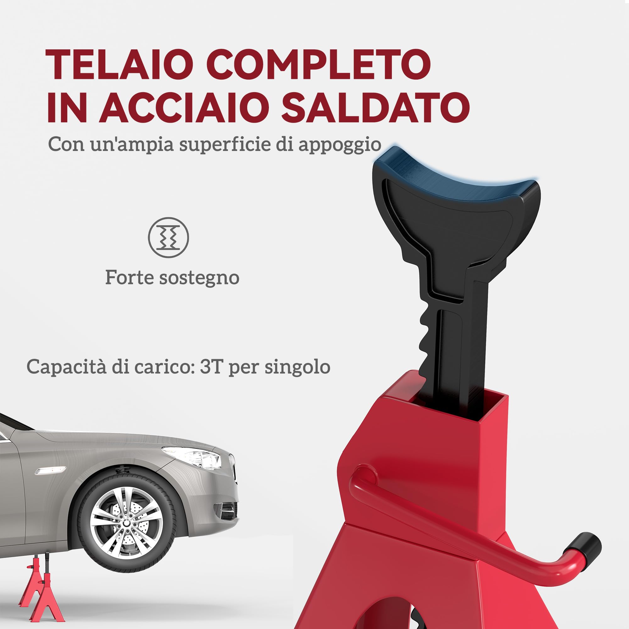 HOMCOM Set di 2 Cavalletti per Auto 6 T Totale, Coppia di Cavalletti di Sostegno con Altezza di Sollevamento Regolabile da 38.5-60 cm, in Acciaio al Carbonio e Ghisa, Rosso e Nero