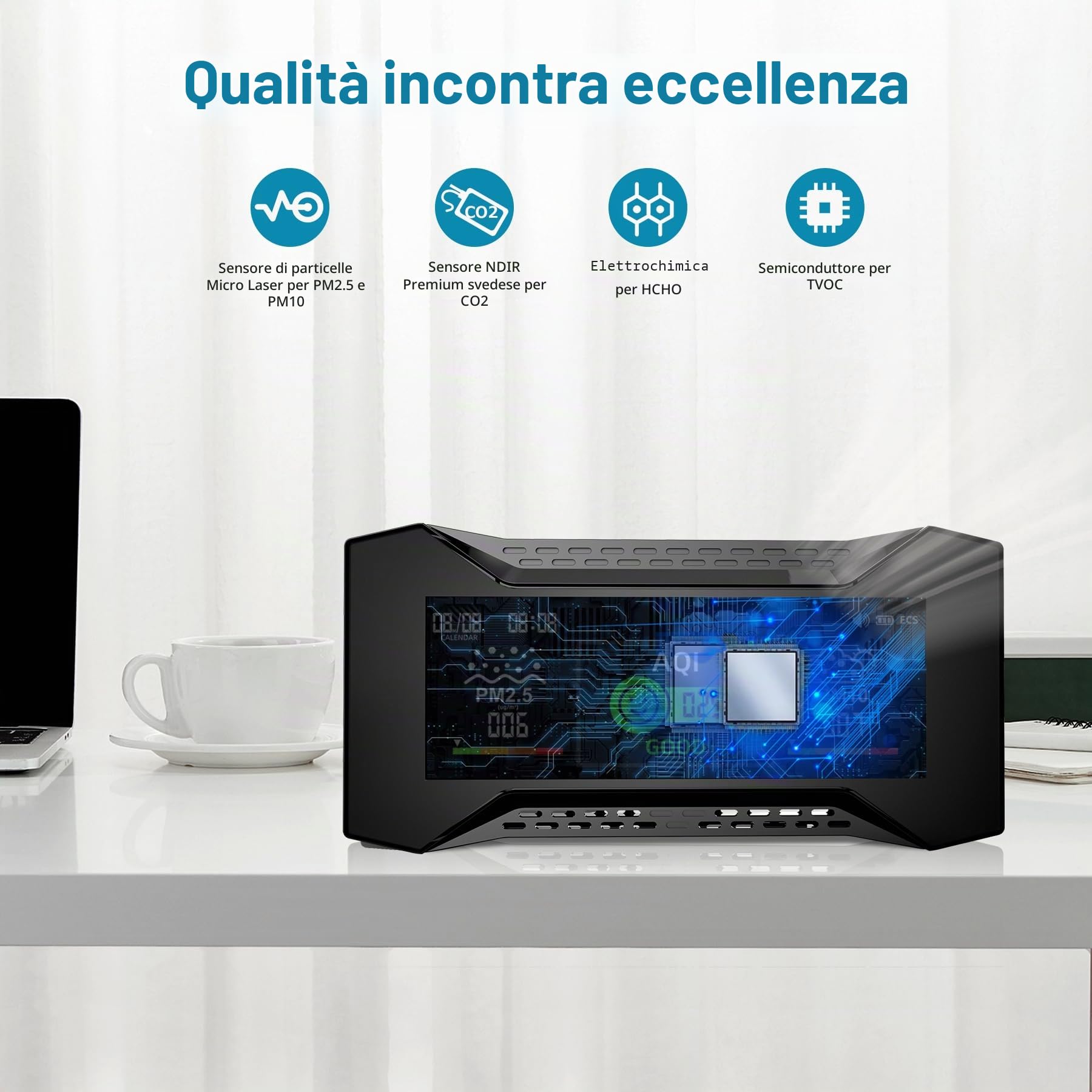 CF-20 DL Misuratore Della Qualità Dell'Aria Con Report Dei Dati, Rilevatore CO2 Che Misura CO2, TVOC, HCHO, PM2.5, PM10, AQI, Temperatura e Umidità, Display Visivo Basato Su Simboli Per Casa