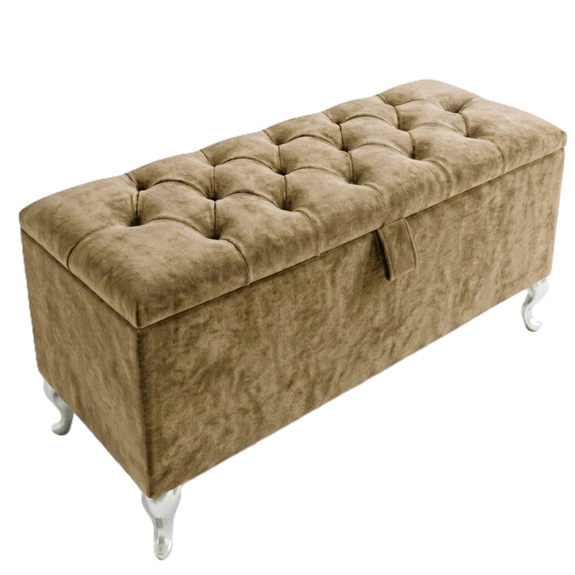 SK Ottoman Storage Box, Fabric Button Velvet Bench, Silver Legs, Mink — image 1