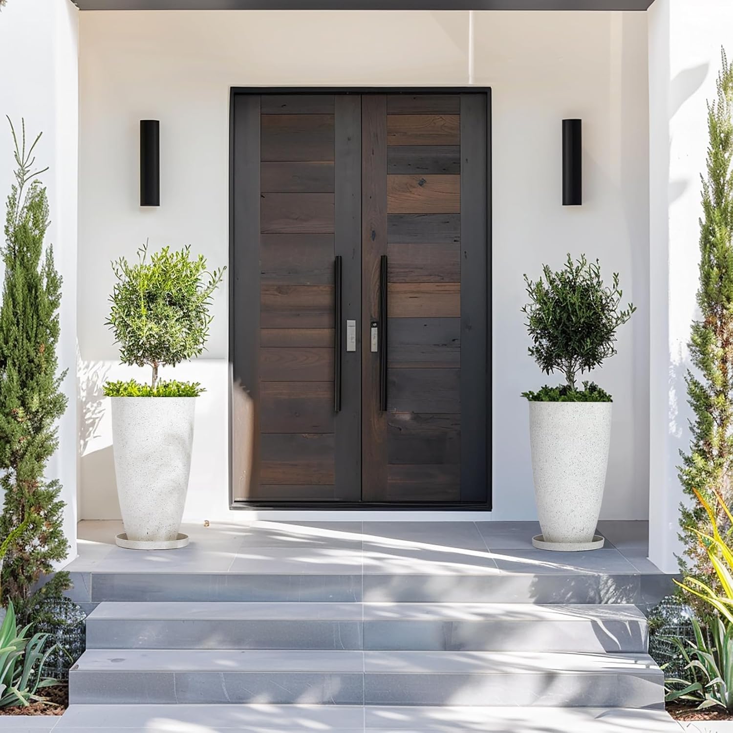 LA Jolie Muse 20 Inch Tall White Planters,Set of 2 Indoor/Outdoor Tall Planters with Shelf Insert and Trays,Modern Large Flower Pot for Front Front Door, Patio and Deck