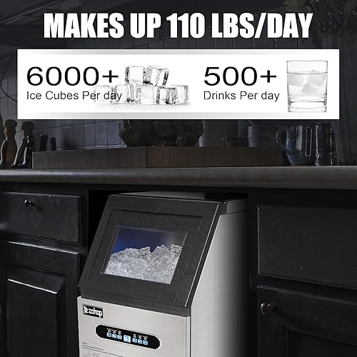 Vista 2 de Winado Máquina de hielo comercial 110LBS/24H, máquina de hielo independiente de acero inoxidable con contenedor de almacenamiento de 24 libras