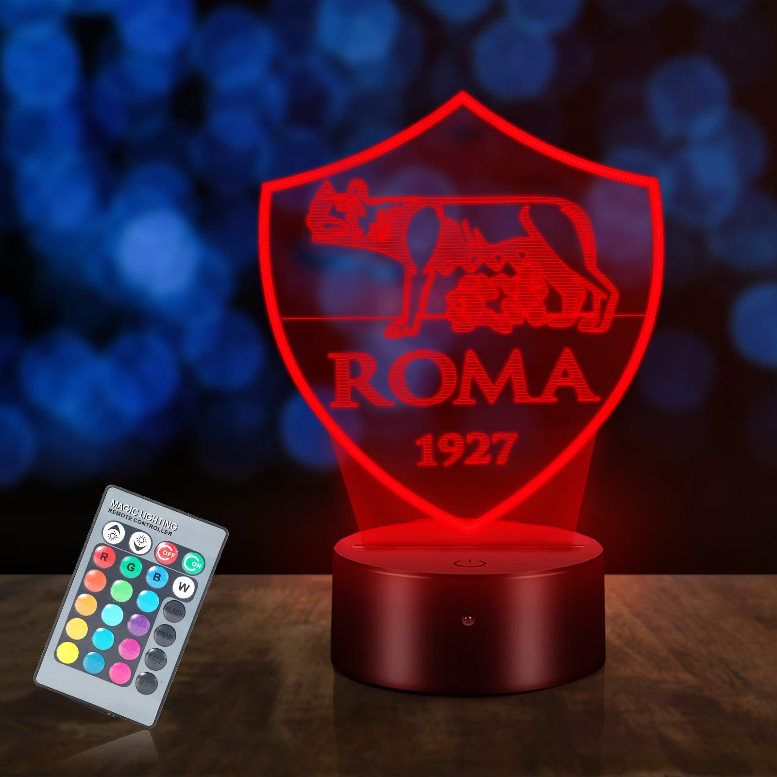 HooJtny Roma Fußball Lampe, Roma Gadget Fußball Nachtlicht 3D Led, 16 Farben USB wiederaufladbar, Kindergeschenk Geschenke von den Fans