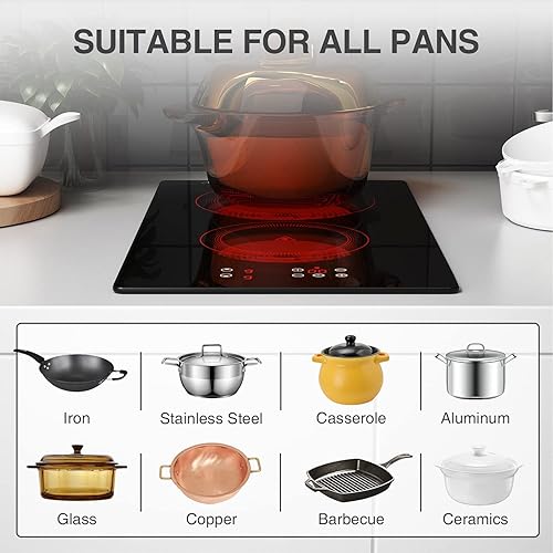 Miniatura 5 de Placa eléctrica portátil, placa de cocción de 2 quemadores, enchufe de 110 V120 V, estufa infrarroja para cocinar, control táctil LED, temporizador