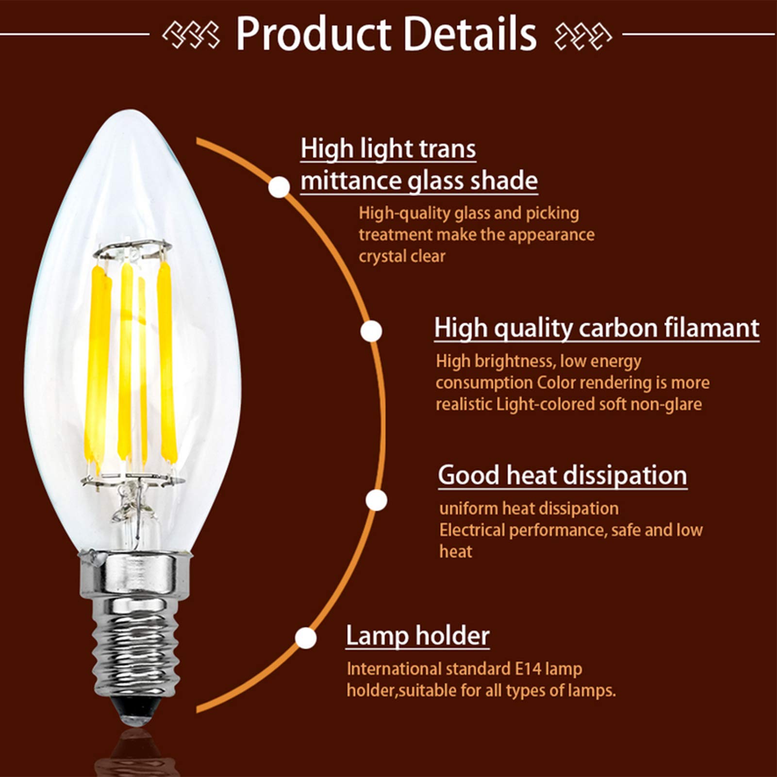 Confezione 4 Lampadine a candelabro LED E14 dimmerabili 6 W Equivalenti a 60 W, Lampadine LED C35 a filamento a candela ad alta luminosità 600 lumen, Vetro trasparente Lampadari Ventilatori soffitto