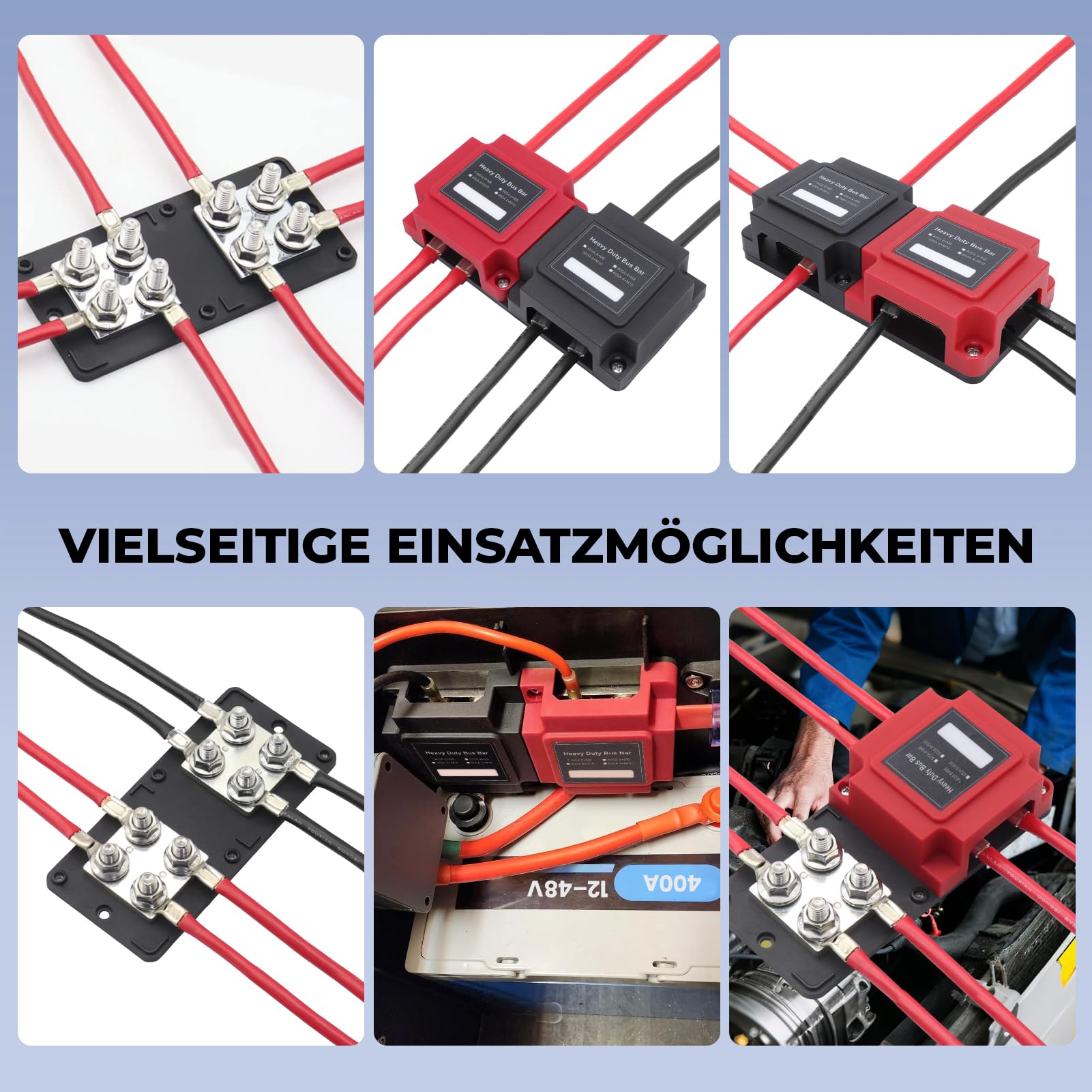 8x M8 Busbar Stromverteiler 12V 24V 48V DC 400A Batterieanschlussblock Hochstrom Verteilerleiste für Auto Wohnmobil Boot LKW Solaranlage Stromversorgung mit Rotem und Schwarzem Deckel