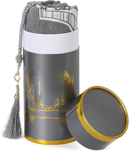 Miniatura 1 de Alfombra de oración musulmana y cuentas de oración con caja de regalo cilíndrica de diseño elegante, juego de regalo islámico de Eid Ramadán, tapete