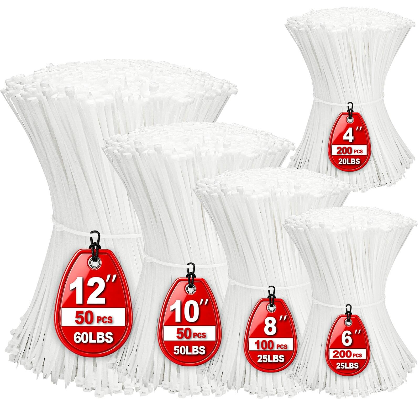 Photo 1 of OUPENG Cable Zip Ties - 600 Piece Assorted Sizes (4-12 Inch), White