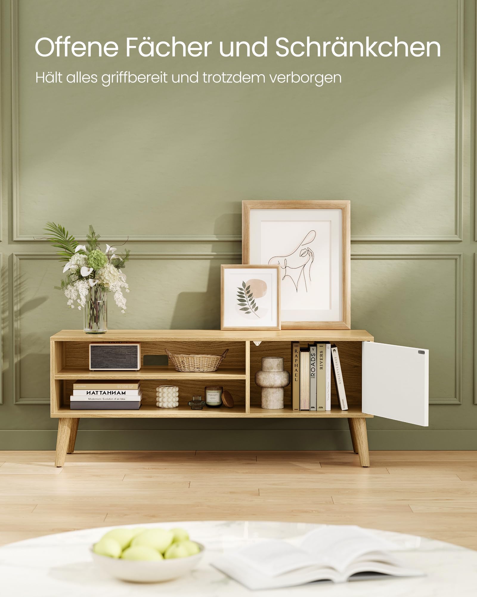 VASAGLE TV-Schrank, Lowboard, für Fernseher bis zu 55 Zoll, 120 cm lang | Fernsehschrank, Fernsehtisch, für Wohnzimmer, Mid-Century Modern, Eiche und Cremeweiss, MIRANTA Kollektion LTV120N01
