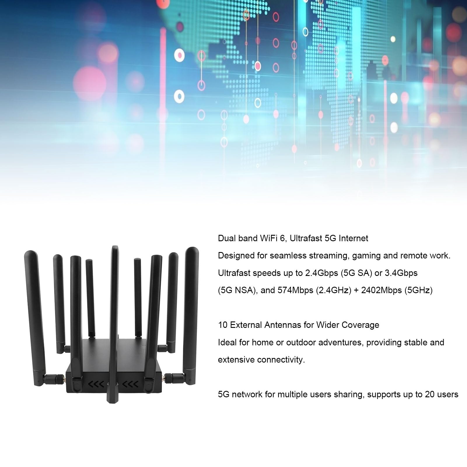 Router 5G CPE, Router WiFi 6 Modem 5G Dual Band con Slot per Scheda SIM, 10 Antenne Router WiFi 6 Gigabit Sbloccato 1800Mbps per Viaggi in Villa Domestica (Spina europea)