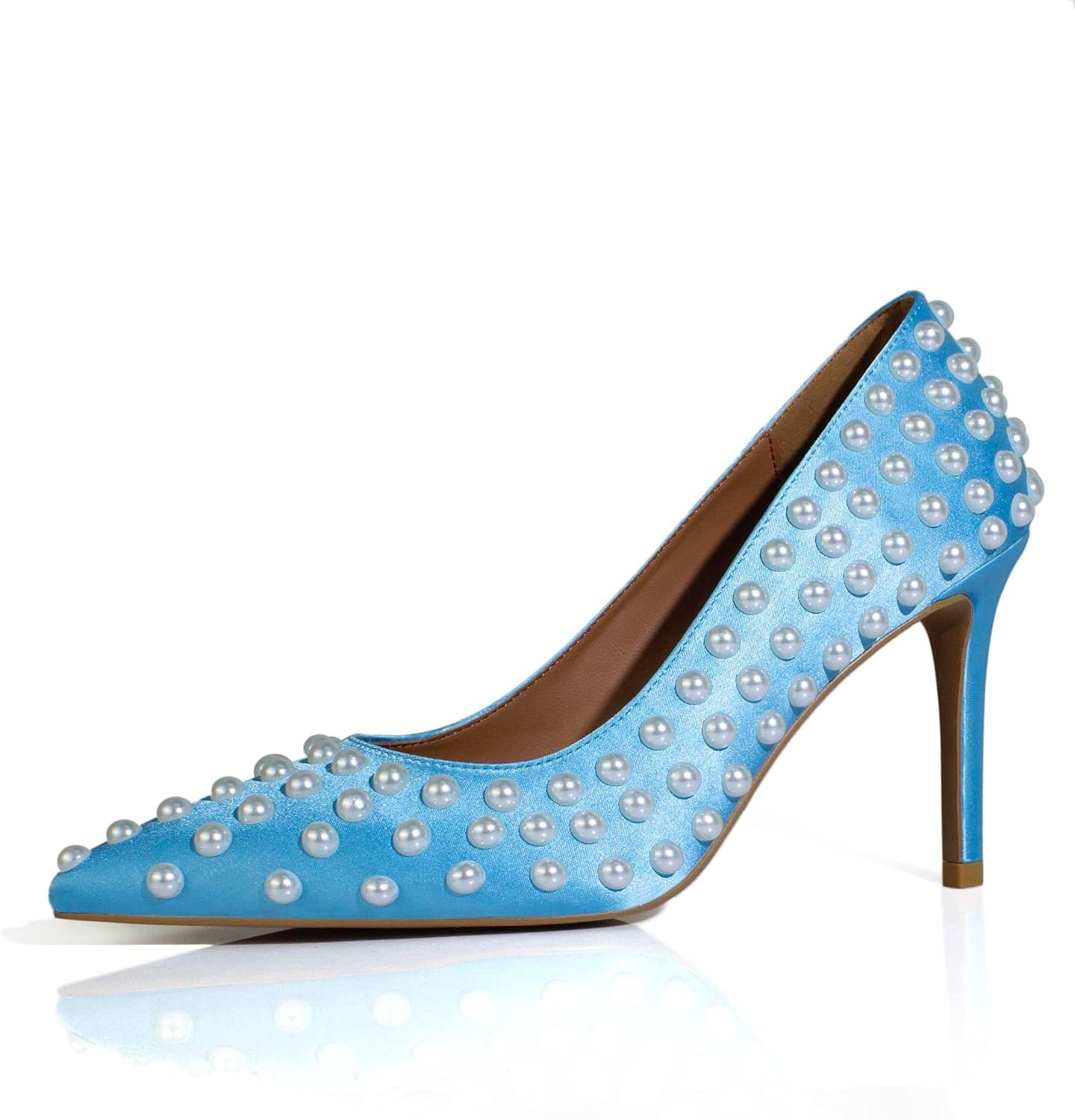 iadore Women Sexy Stiletto High Heel Pumps Chic Pearl Studded Slip-on Shoes Satin Pointed Toe Fashion Dress Pumps Size 5-12 US