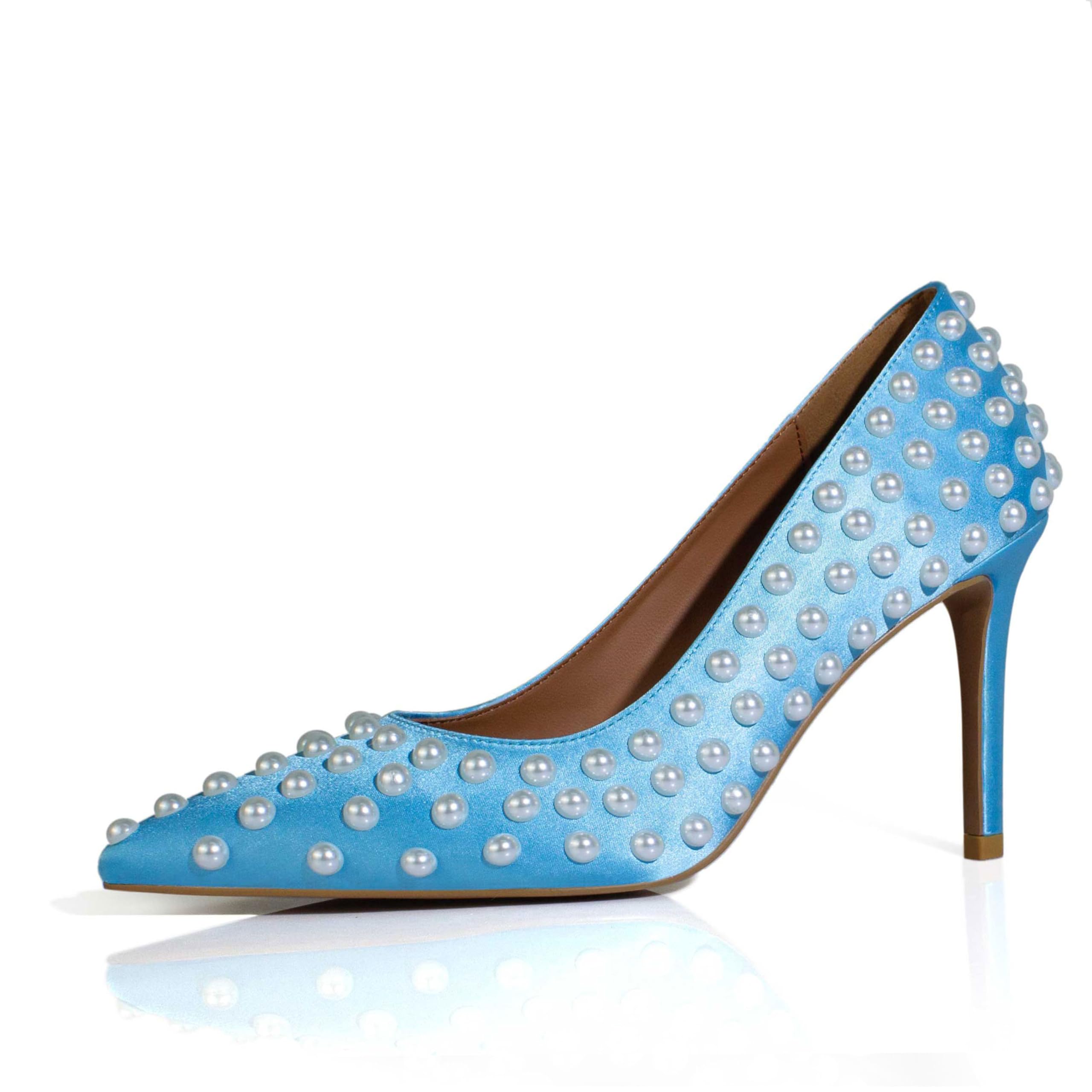 iadore Women Sexy Stiletto High Heel Pumps Chic Pearl Studded Slip-on Shoes Satin Pointed Toe Fashion Dress Pumps Size 5-12 US