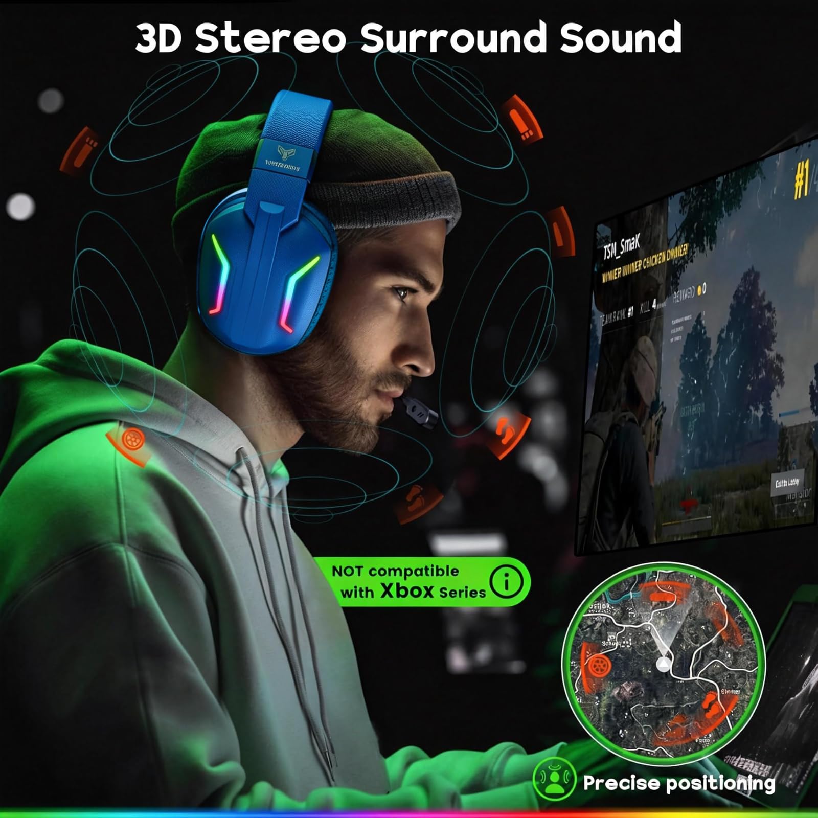 WESEARY WG1 Casque Gaming sans Fil, 2,4 GHz Casque Bluetooth sans Fil avec Micro pour PS5, PS4, PC, Switch, Mac, Mobile, Casque Gaming Pliable avec Son Stéréo et Éclairage LED, Batterie de 50h