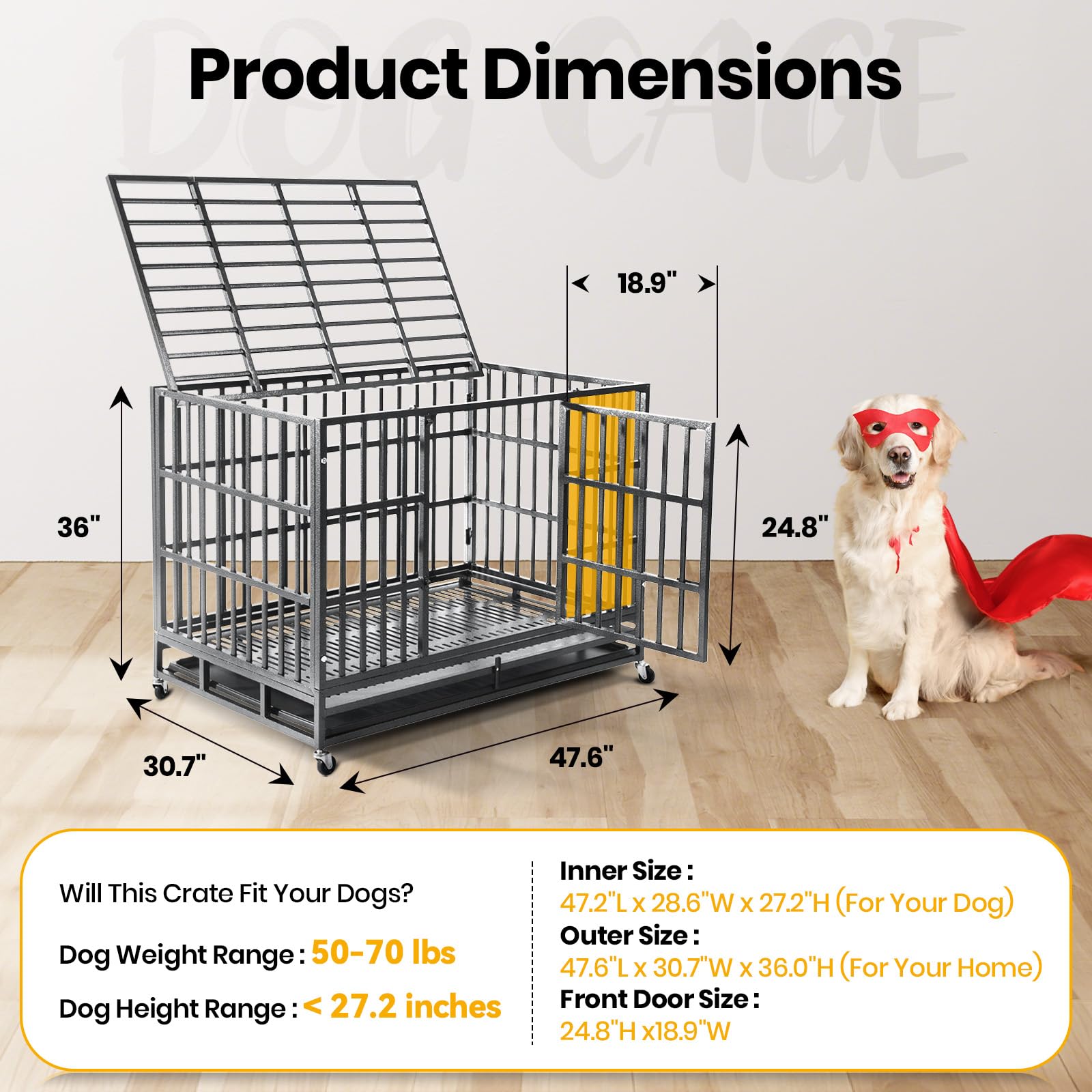 Oranland 48 inch Heavy Duty Indestructible Dog Crate,2025 New Upgraded Reinforced Baseplate for Large Dogs,XL Dog Crate for High Anxiety Dogs/Max Load Capacity 250lbs/Double Door with Wheels（Silver）